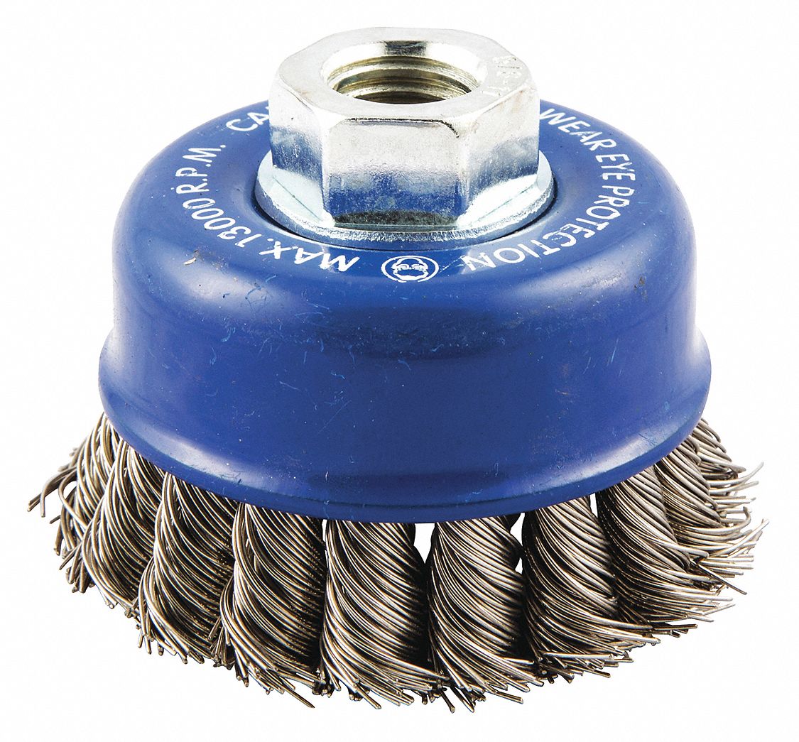 CUP BRUSH, TWISTED STAINLESS STEEL, 3½ IN DIAMETER, 0.02 IN FILL DIAMETER, 5/8