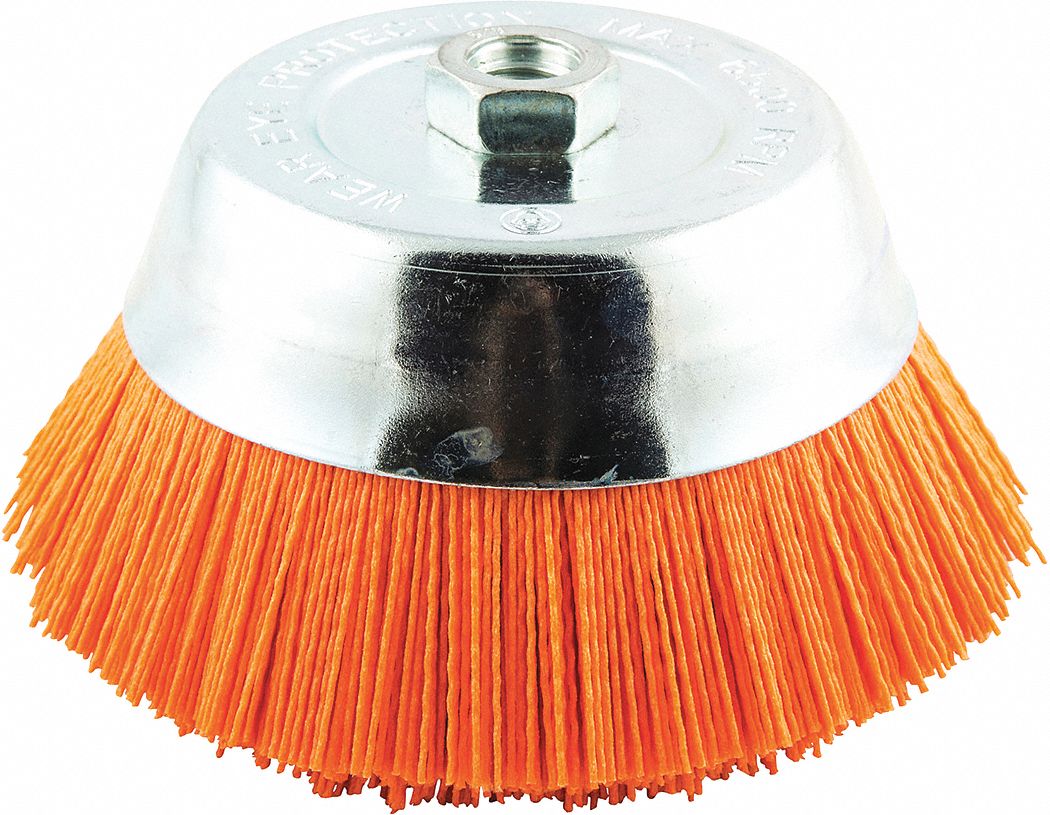 CUP BRUSH, CRIMPED ABRASIVE NYLON, 6 IN DIAMETER, 0.04 IN FILL DIAMETER, 5/8
