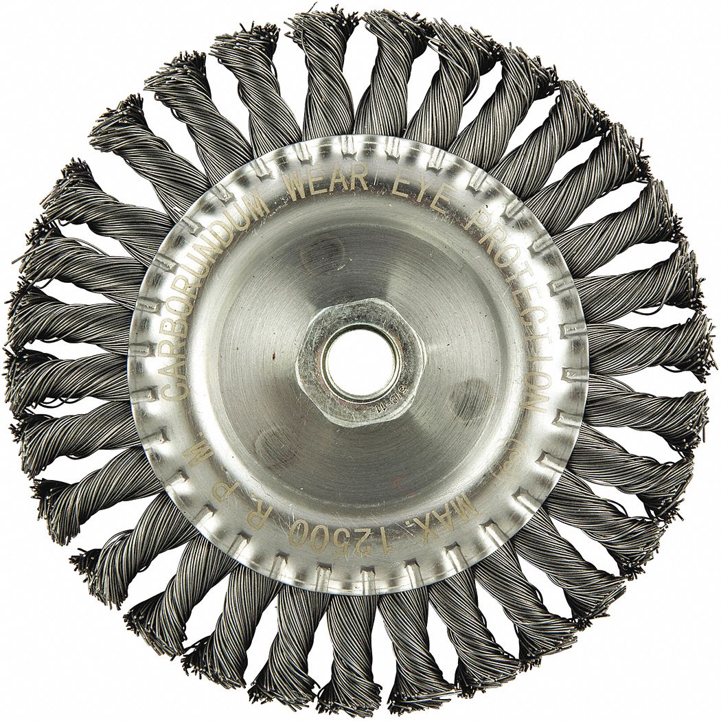 WIRE WHEEL BRUSH, TWISTED STEEL, 6 IN DIAMETER X ½ IN W, 5/8