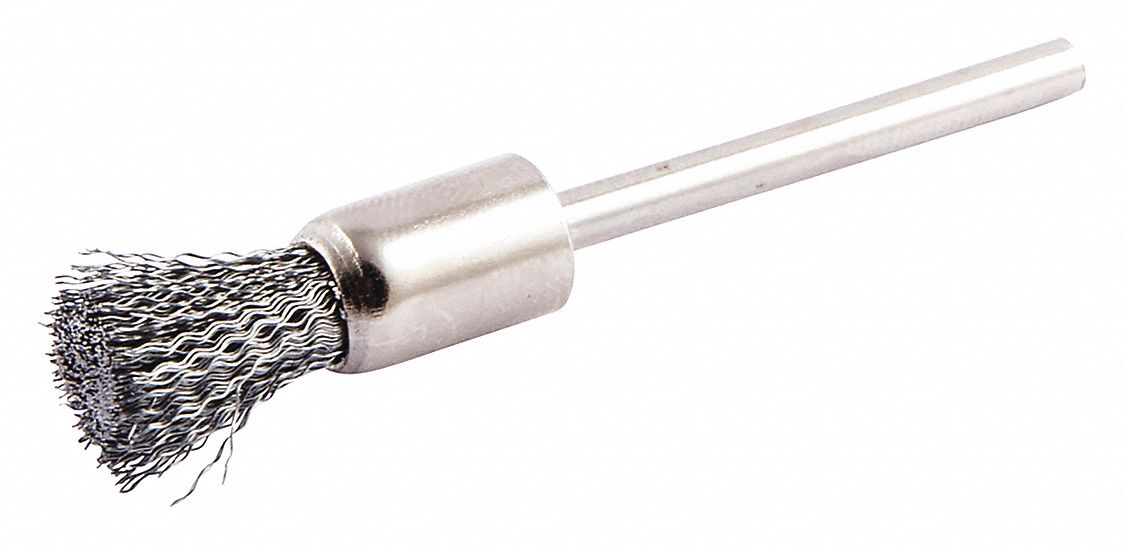 End Brush: Crimped Steel, 5/16 in Dia, 0.005 in Fill Dia, 1/8 in Shank