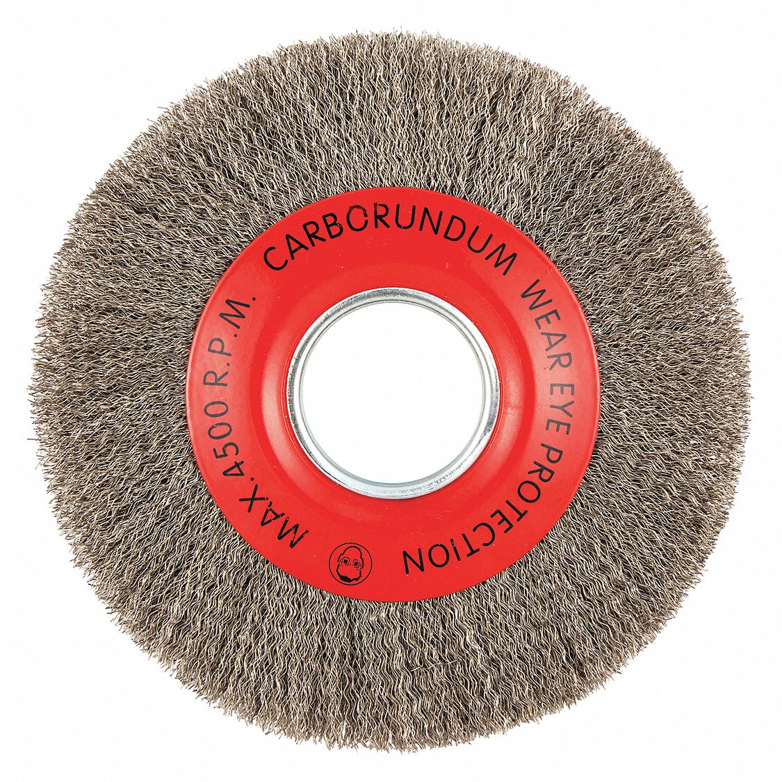 WIRE WHEEL BRUSH, CRIMPED STAINLESS STEEL, 8 IN DIAMETER X 1 IN W, 2 IN ARBOUR