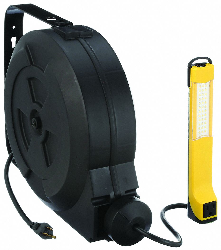 Extension Cord Reel with Hand Lamp: 50 ft Retractable Cord Lg, 14 AWG Wire  Size, 8.5 W Lamp Watts