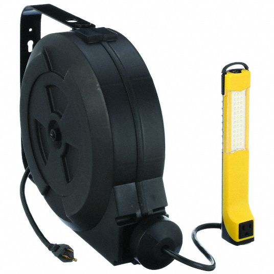 Extension Cord Reel with Hand Lamp: 50 ft Retractable Cord Lg, 14 AWG Wire  Size, 8.5 W Lamp Watts