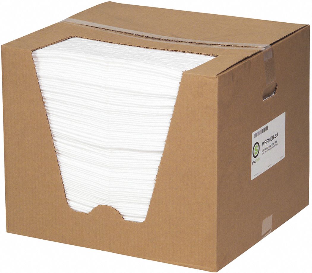 FEUILLES ABSORBANTES, POLYPROPYLÈNE, 19 X 15 PO, 0,2629 GAL ABSORBÉ PAR FEUILLE, 26 GAL PAR PAQUET, 100 FEUILLES, BLANC