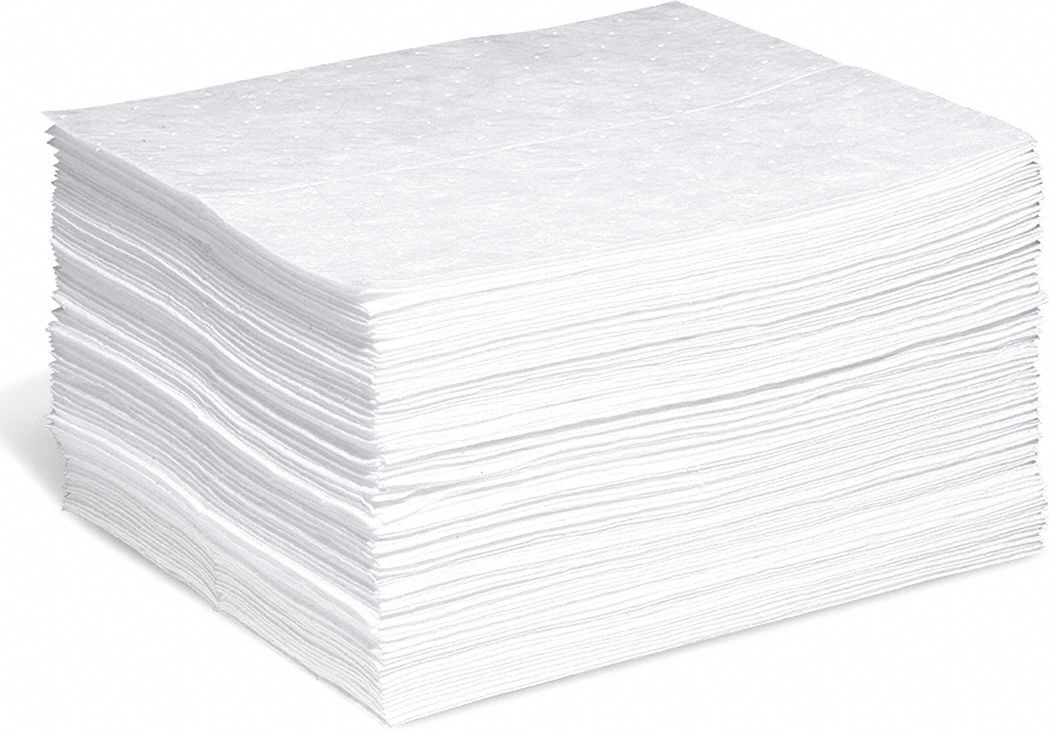 ABSORBENT PAD, 0.2 GALLON ABSORBED PER PAD, 20 GALLON, POLY BAG, WHITE, 100 PK