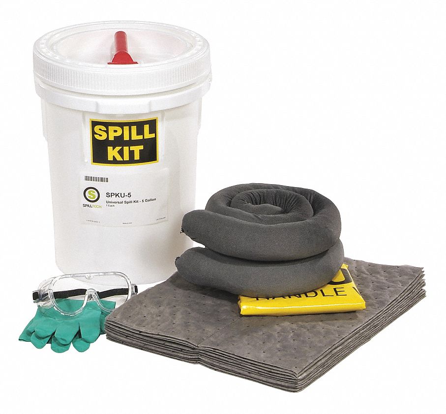 SPILL KIT, 5 GAL ABSORBED PER KIT, PAIR OF NITRILE GLOVES/SAFETY GOGGLES, WHITE