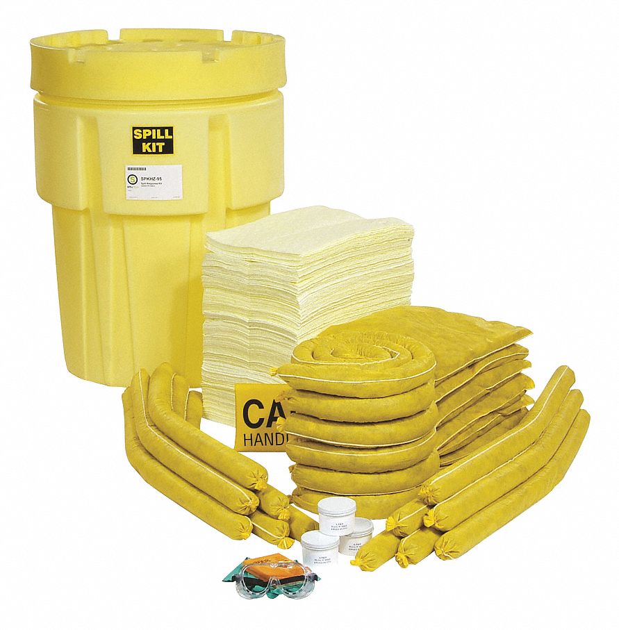 SPILL KIT, 80 GAL ABSORBED PER KIT, 2 PAIRS OF GLOVES/SAFETY GOGGLES, YELLOW, DRUM