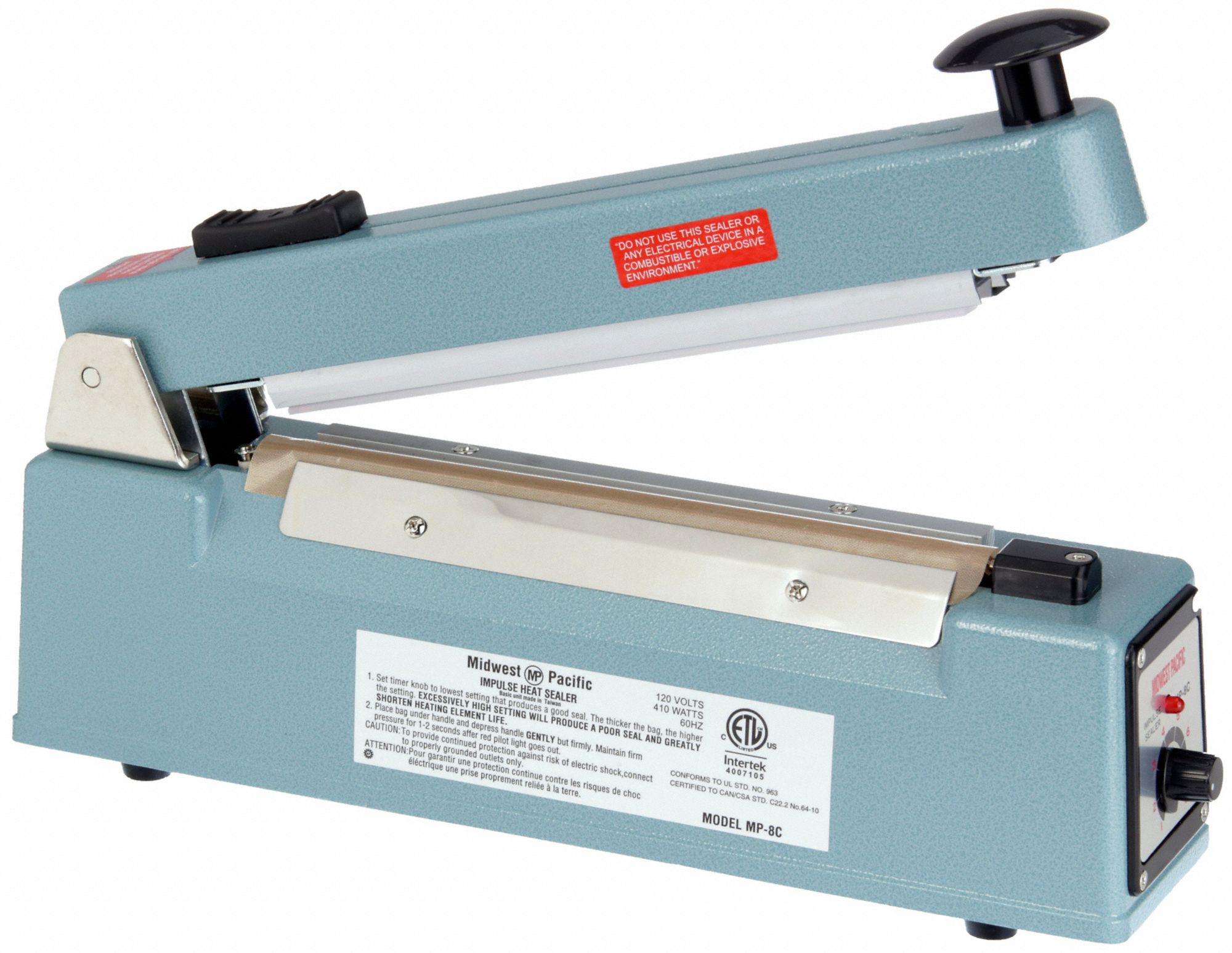 Heat Sealer: 8 in Max Seal Lg, 1/8 in Max Seal Wd, 6 mil Max. Seal Thick, MP-8C