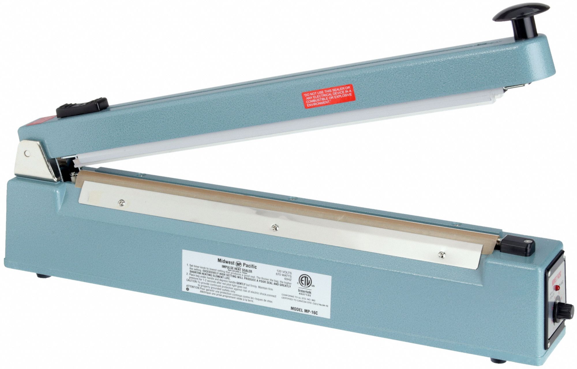 Heat Sealer: 16 in Max Seal Lg, 2.5 mm Max Seal Wd, 6 mil Max. Seal Thick, MP-16C