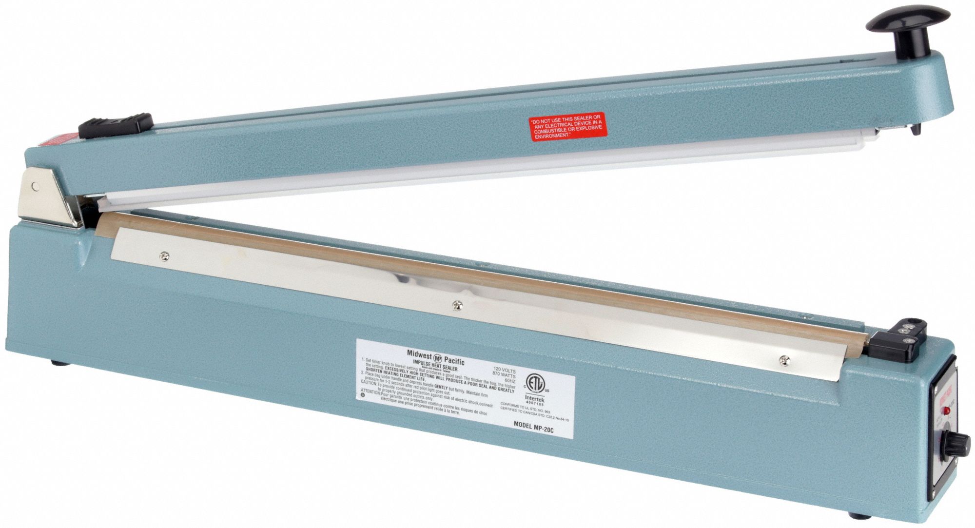 Heat Sealer: 20 in Max Seal Lg, 2.5 mm Max Seal Wd, 6 mil Max. Seal Thick, MP-20C