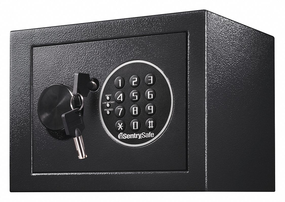 Safe: Digital Combo Lock, 0.14 cu ft Capacity, Steel, 6 5/8 in H x 9 in W x 6 5/8 in D