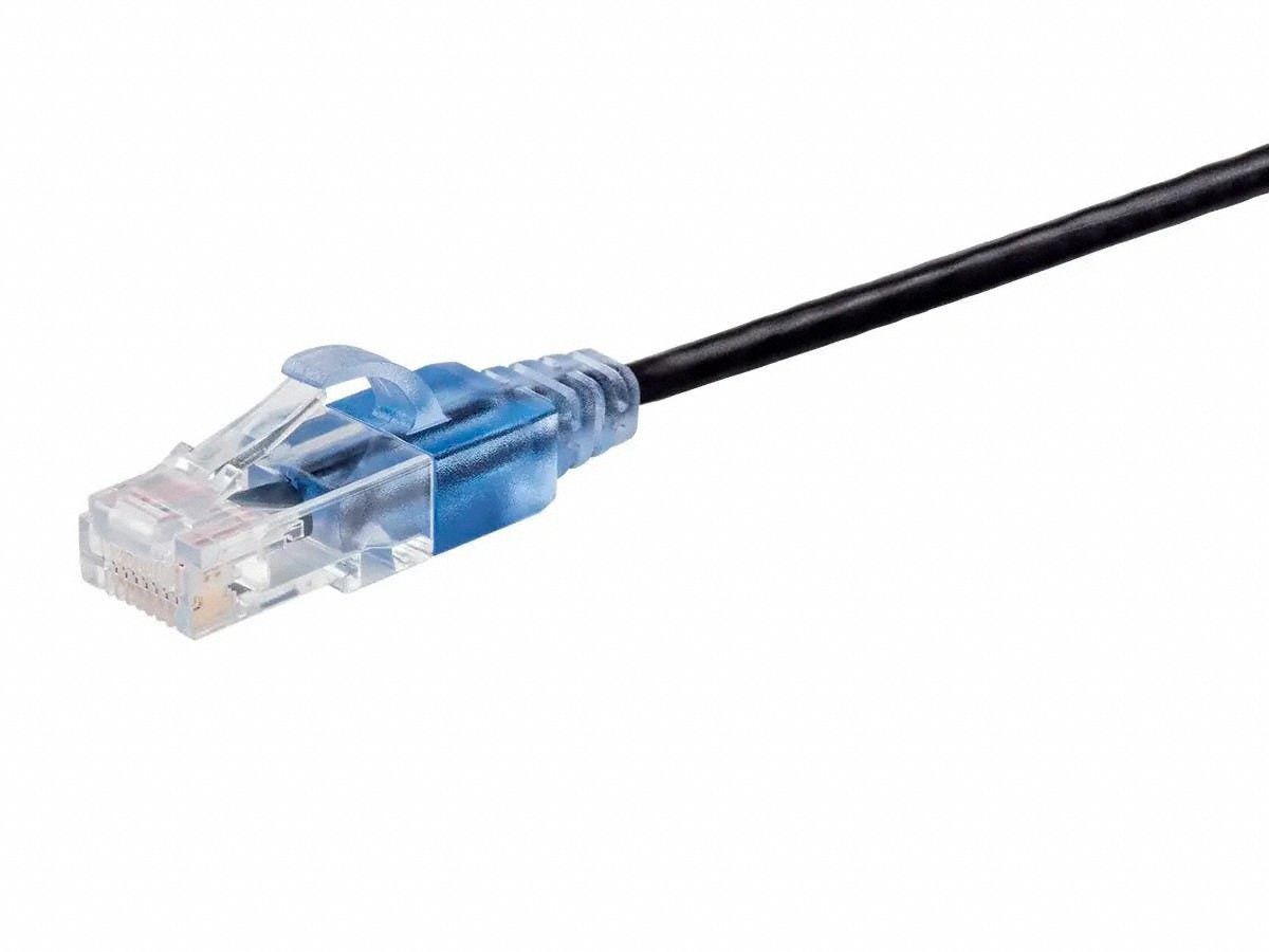 Voice and Data Patch Cord: Shielded, Cat 6A, 50 ft Overall Lg, PVC, Round, 30 AWG, Black