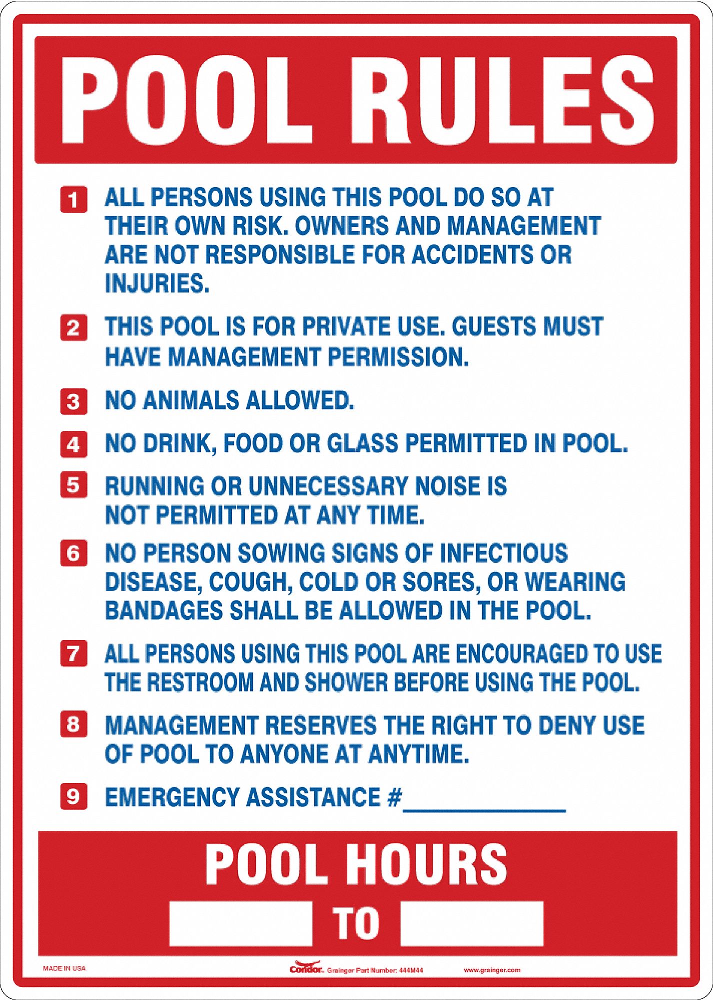 CONDOR 444M44 Safety Pool Rules Sign,28" H,20" W | eBay