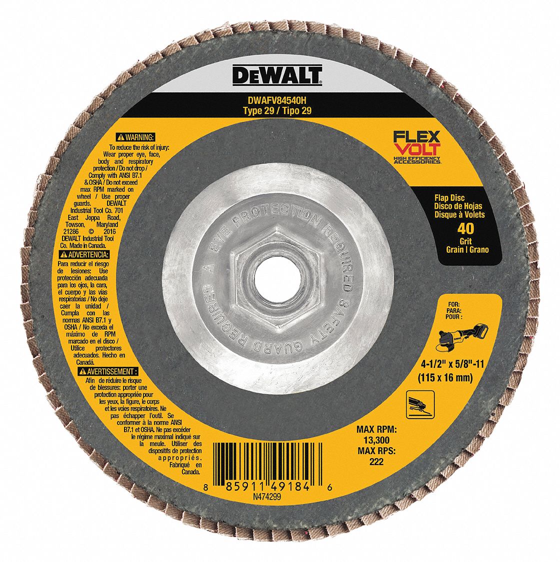 DEWALT Type 29, Flap Disc, Ceramic, 4 1/2 in Disc Diameter, 40 Abrasive