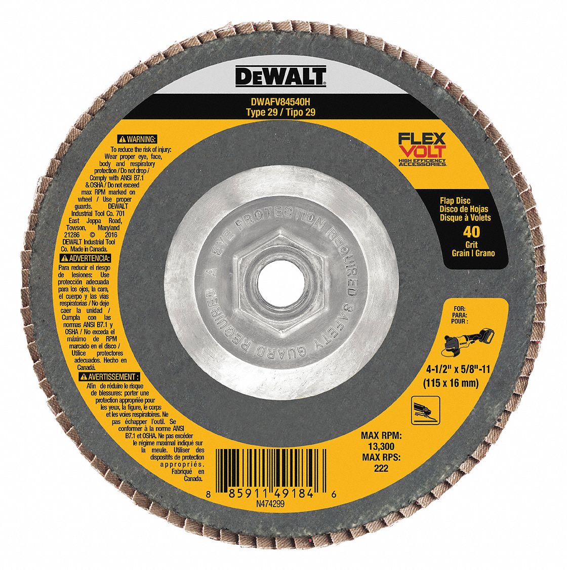 DEWALT Type 29, Flap Disc, Ceramic, 4 1/2 in Disc Diameter, 40 Abrasive ...