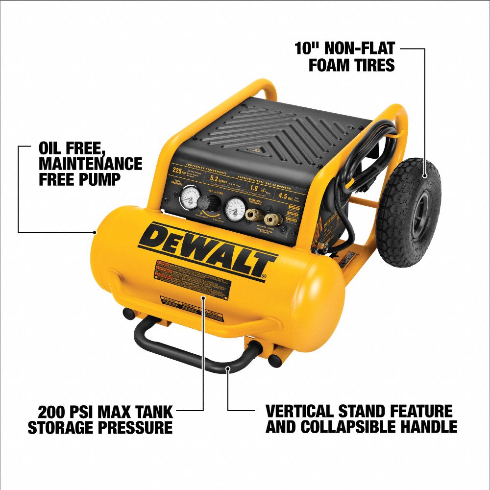 DEWALT Portable Air Compressor Oil Free, 4.5 gal, Hot Dog, 1.6 hp, 5