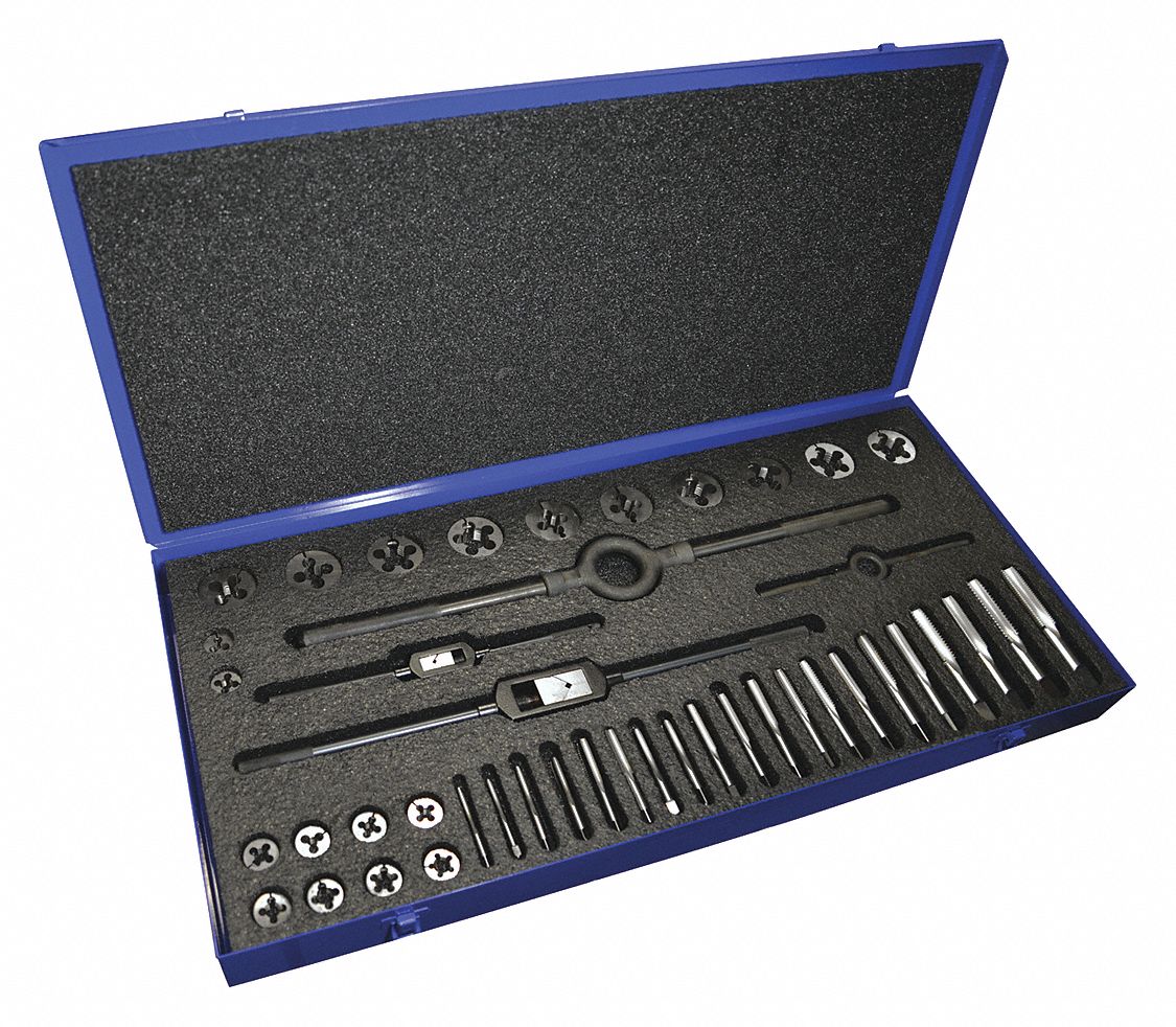 Tap and Die Set: 44 Pieces, 1/4"-20 Min. Tap Thread Size, Plug, Round