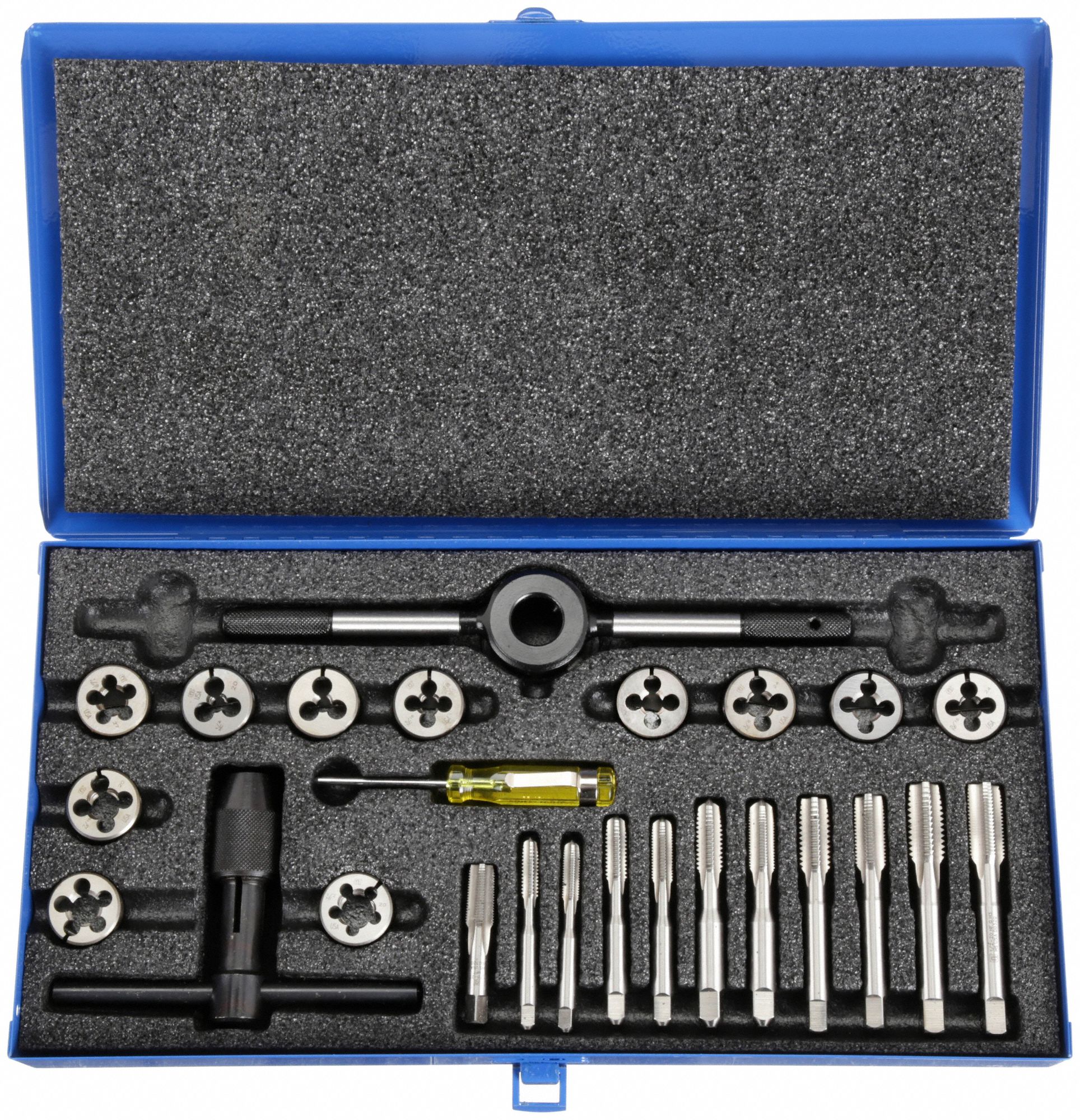 Tap and Die Set: 25 Pieces, 1/8"-27 Min. Tap Thread Size, Plug, Round
