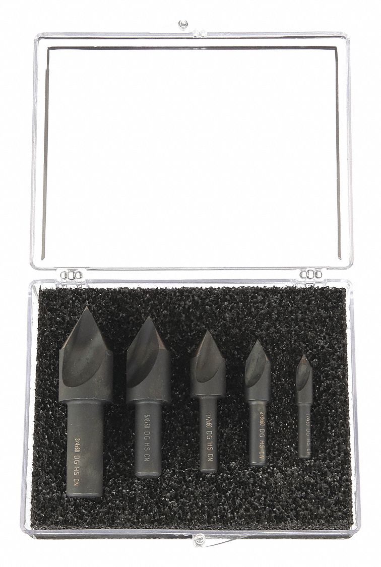 Countersink Set: High Speed Steel, Black Oxide Finish, 1/4 in Smallest Body Dia., 5 Pieces