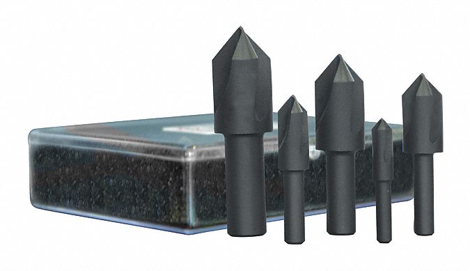 Countersink Set: High Speed Steel, Black Oxide Finish, 1/4 in Smallest Body Dia., 5 Pieces