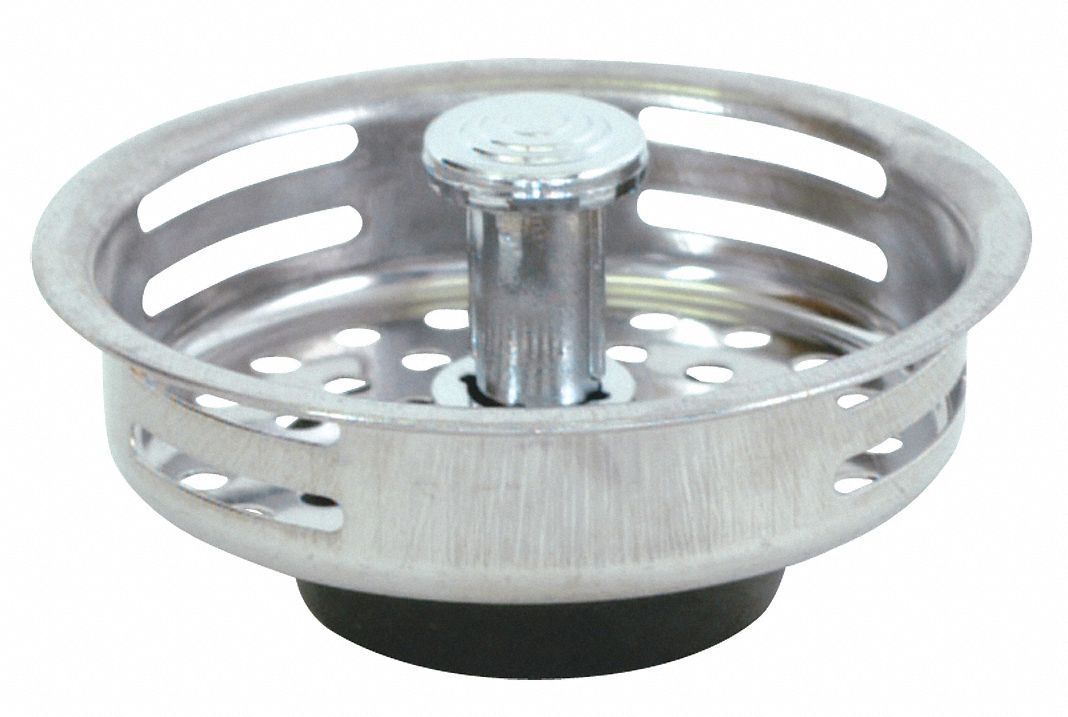 STRAINER: 3 ⅜ IN OVERALL DIA, STAINLESS STEEL, CHROME, SILVER, DROP-IN, SINK DRAIN