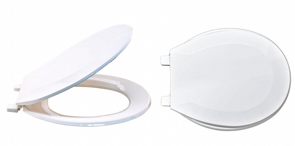 TOILET SEAT: WHITE, PLASTIC, SELF-SUSTAINING CHECK HINGE, 1 IN SEAT H, 16 IN BOLT TO SEAT FRONT