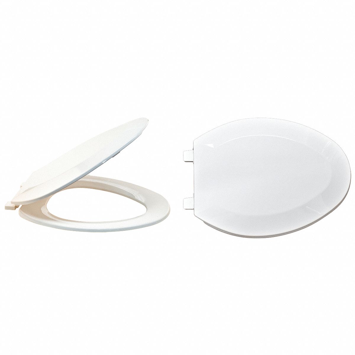 TOILET SEAT: WHITE, PLASTIC, SELF-SUSTAINING CHECK HINGE, 1 IN SEAT H, 16 IN BOLT TO SEAT FRONT