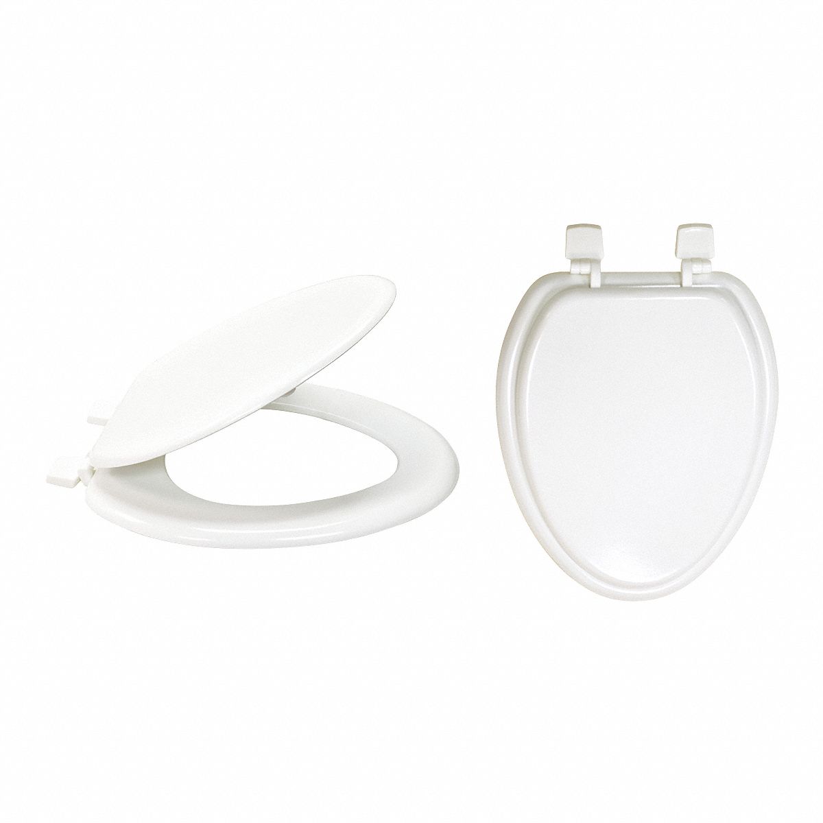 TOILET SEAT: WHITE, PLASTIC, SELF-SUSTAINING CHECK HINGE, 1½ IN SEAT H, 16 IN BOLT TO SEAT FRONT