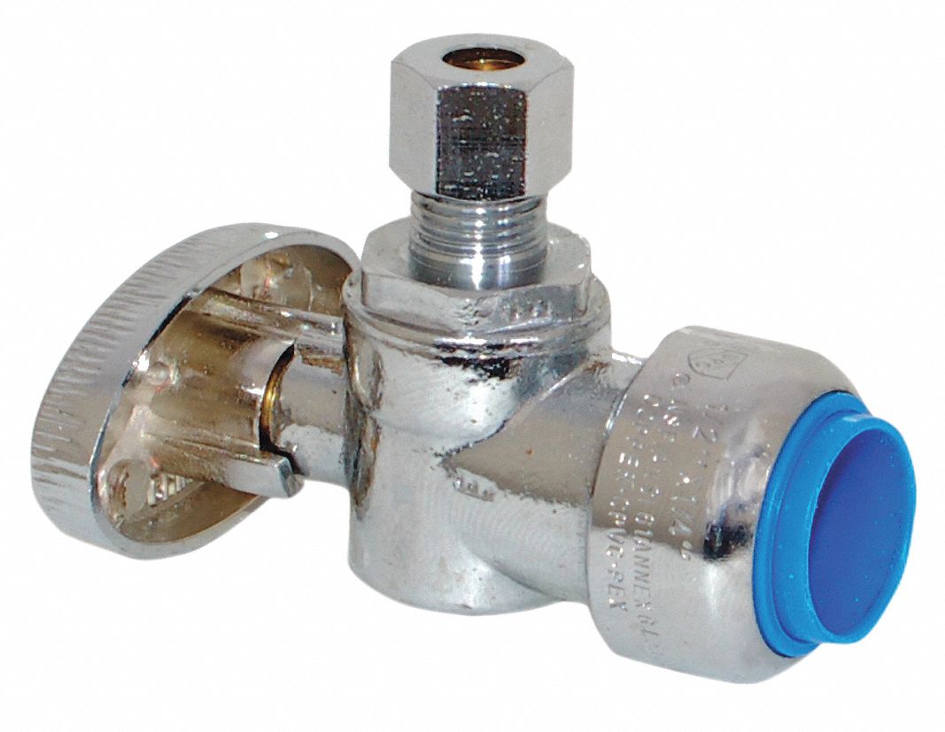 WATER SUPPLY STOP: ½ IN COMPRESSION, ¼ IN PUSH, CHROME-PLATED BRASS, ANGLE BODY