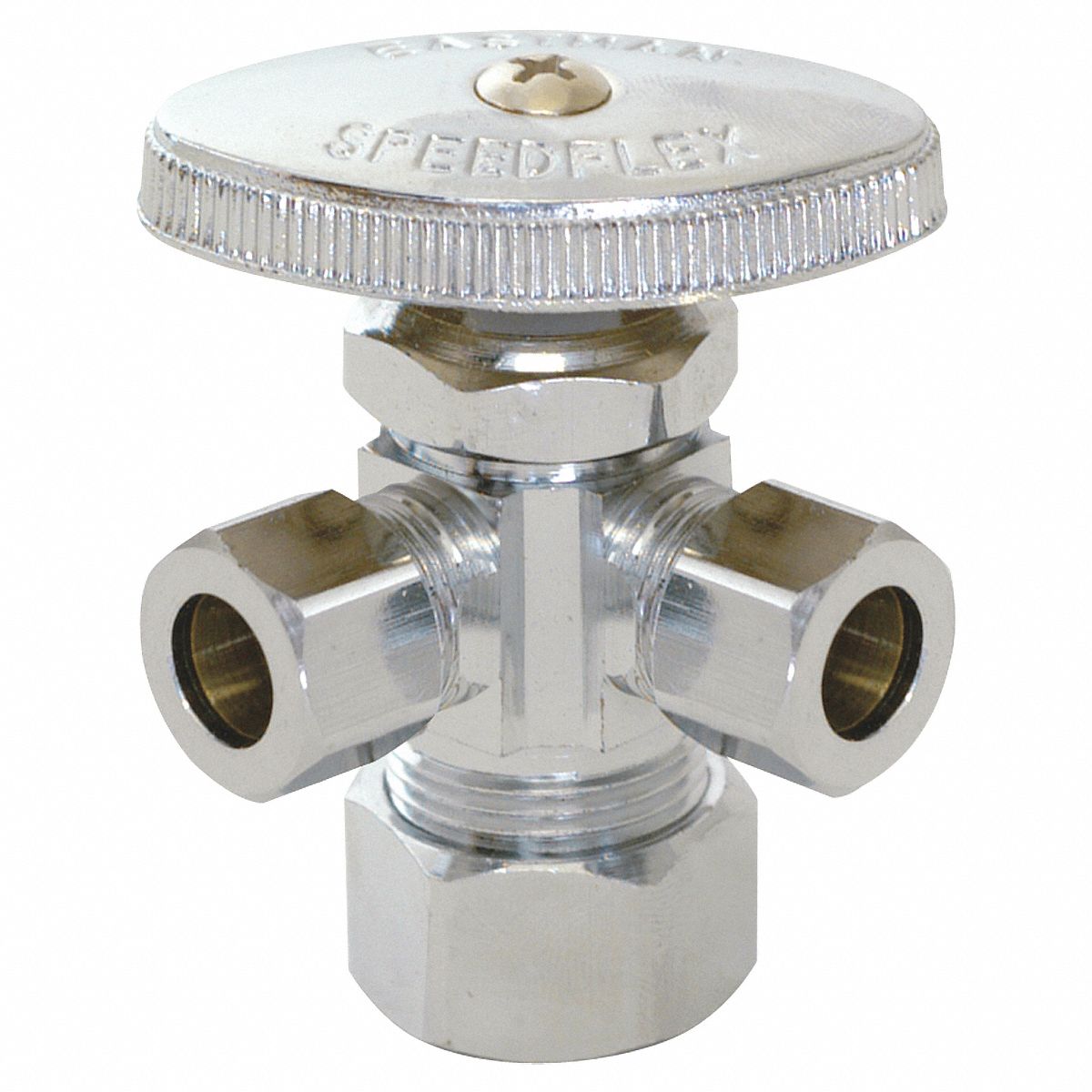 WATER SUPPLY STOP: ½ IN COMPRESSION, ⅜ IN COMPRESSION, CHROME-PLATED BRASS, OVAL