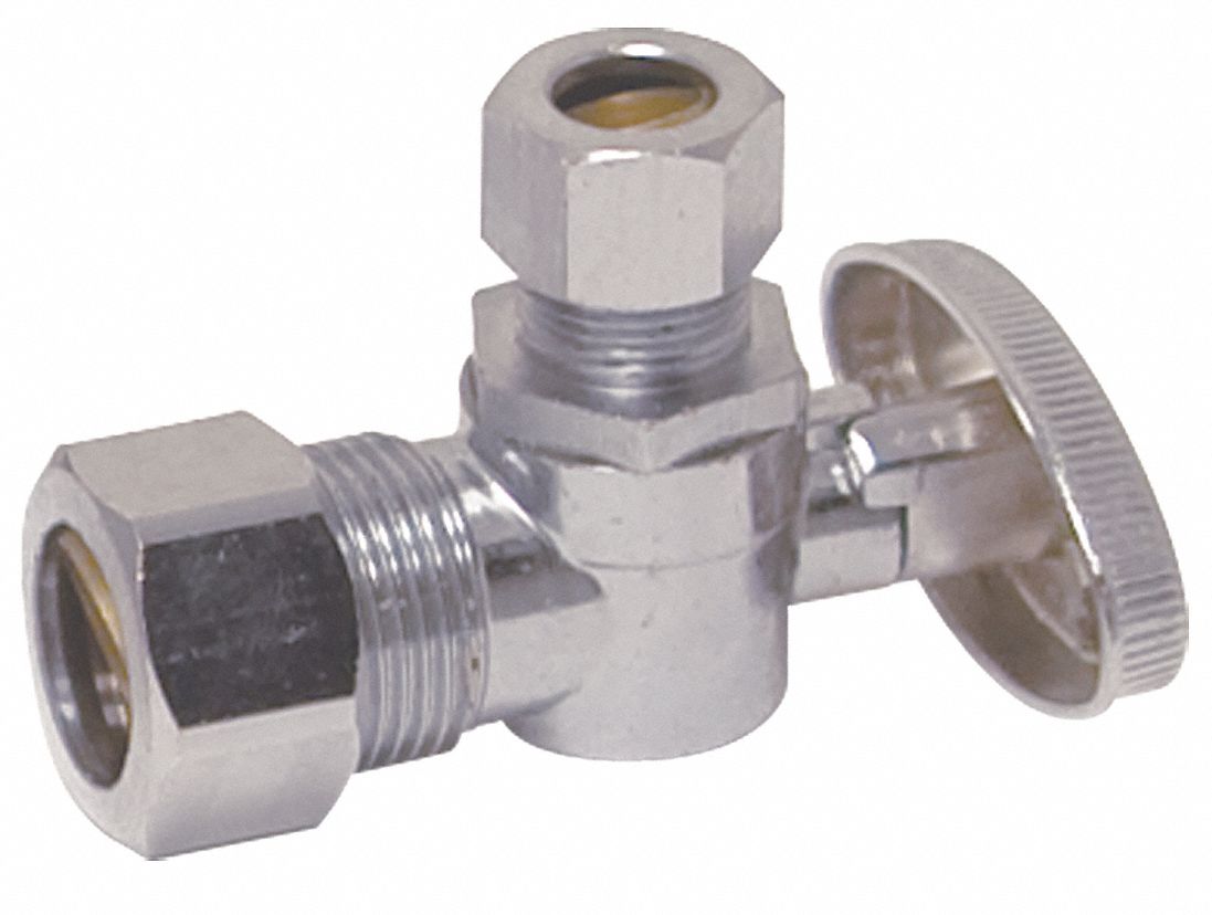 Water Supply Stop: 5/8 in Compression, 1/2 in Compression, Chrome-Plated Brass, Oval