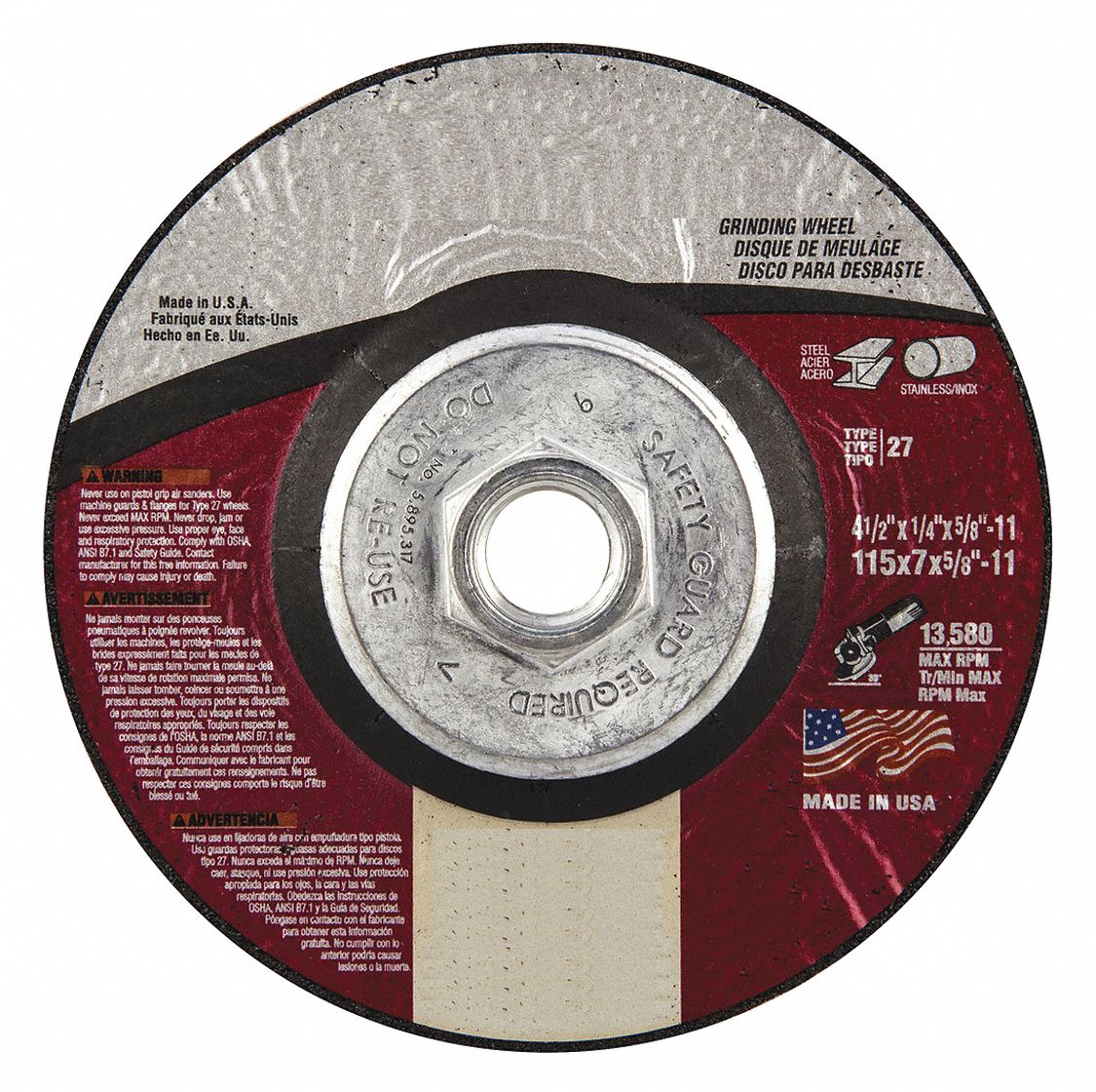 DEPRESSED CENTRE GRINDING WHEEL, TYPE 27, 4½ IN X ¼ IN X ⅝