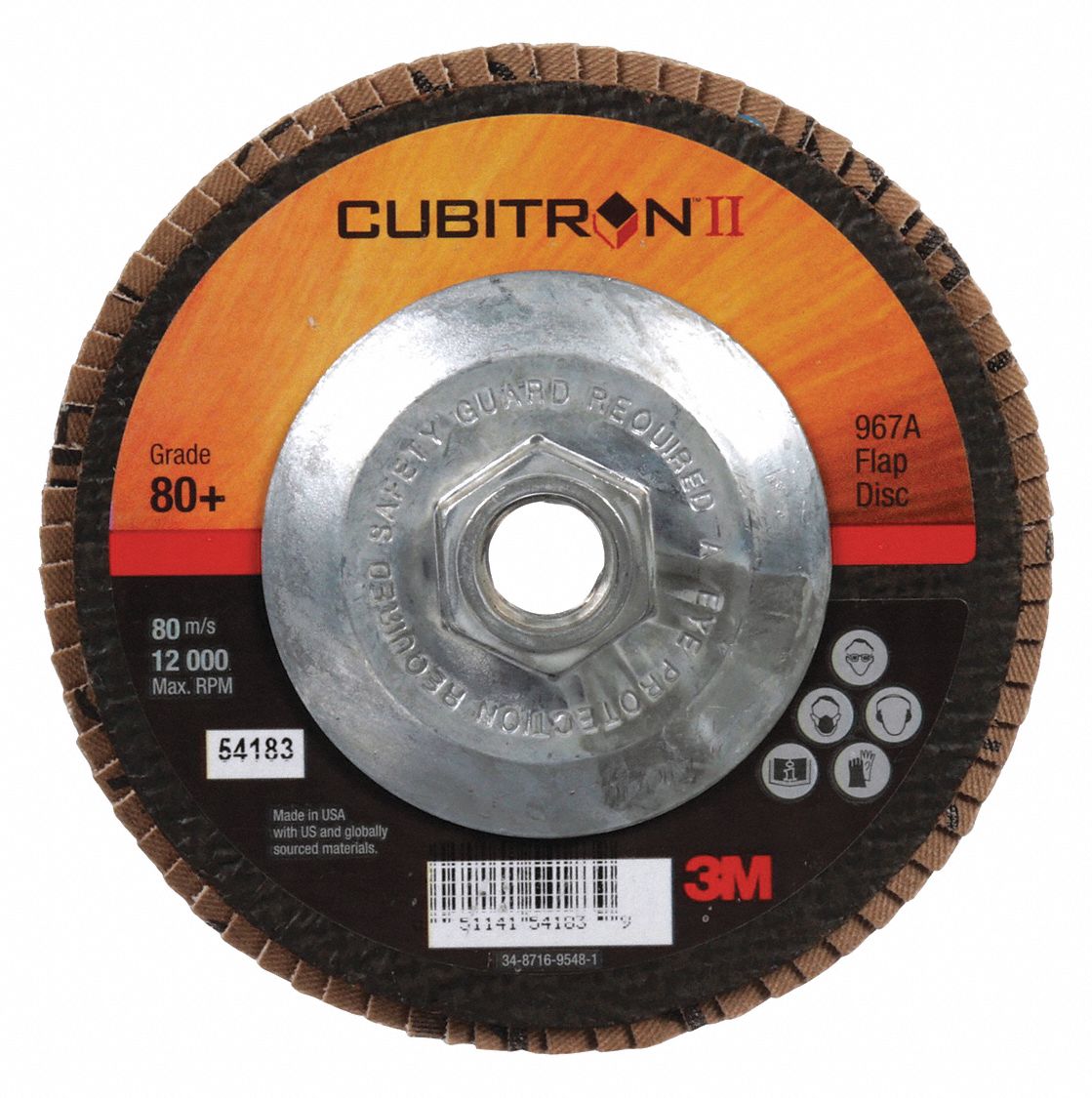 Flap Disc: Type 27, 5" x 5/8"-11, Ceramic, 80 Grit, Fiberglass Bk, Std Density, 967A