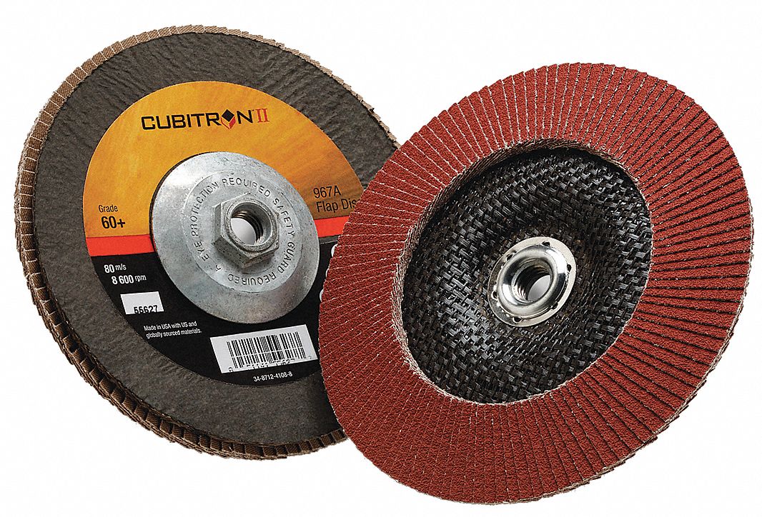 Flap Disc: Type 29, 7" x 5/8"-11, Ceramic, 60 Grit, Fiberglass Bk, Std Density, 967A