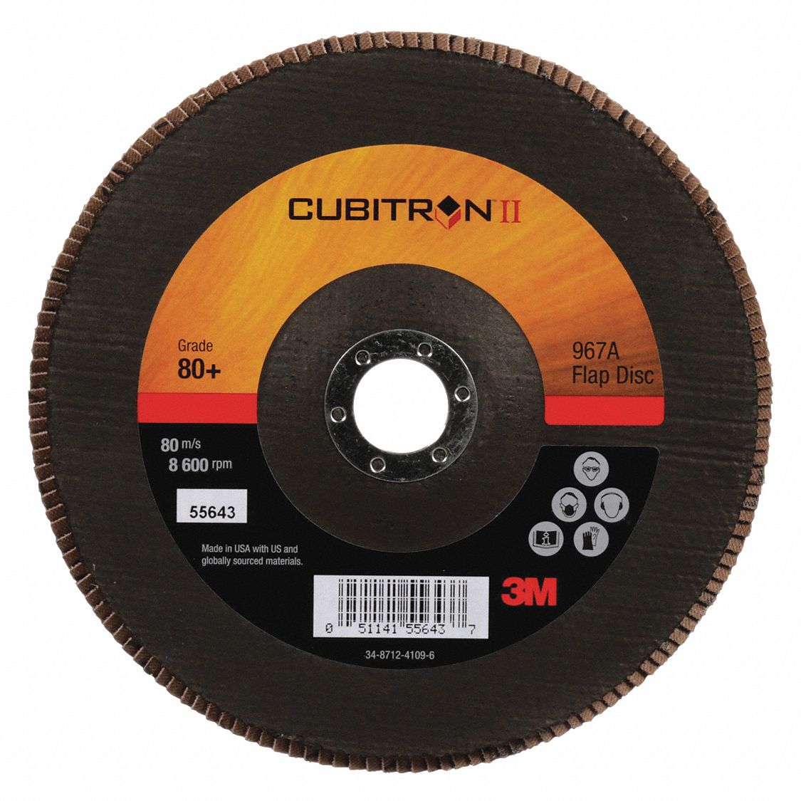 Flap Disc: Type 27, 7" x 7/8", Ceramic, 80 Grit, Fiberglass Bk, High Density, 967A