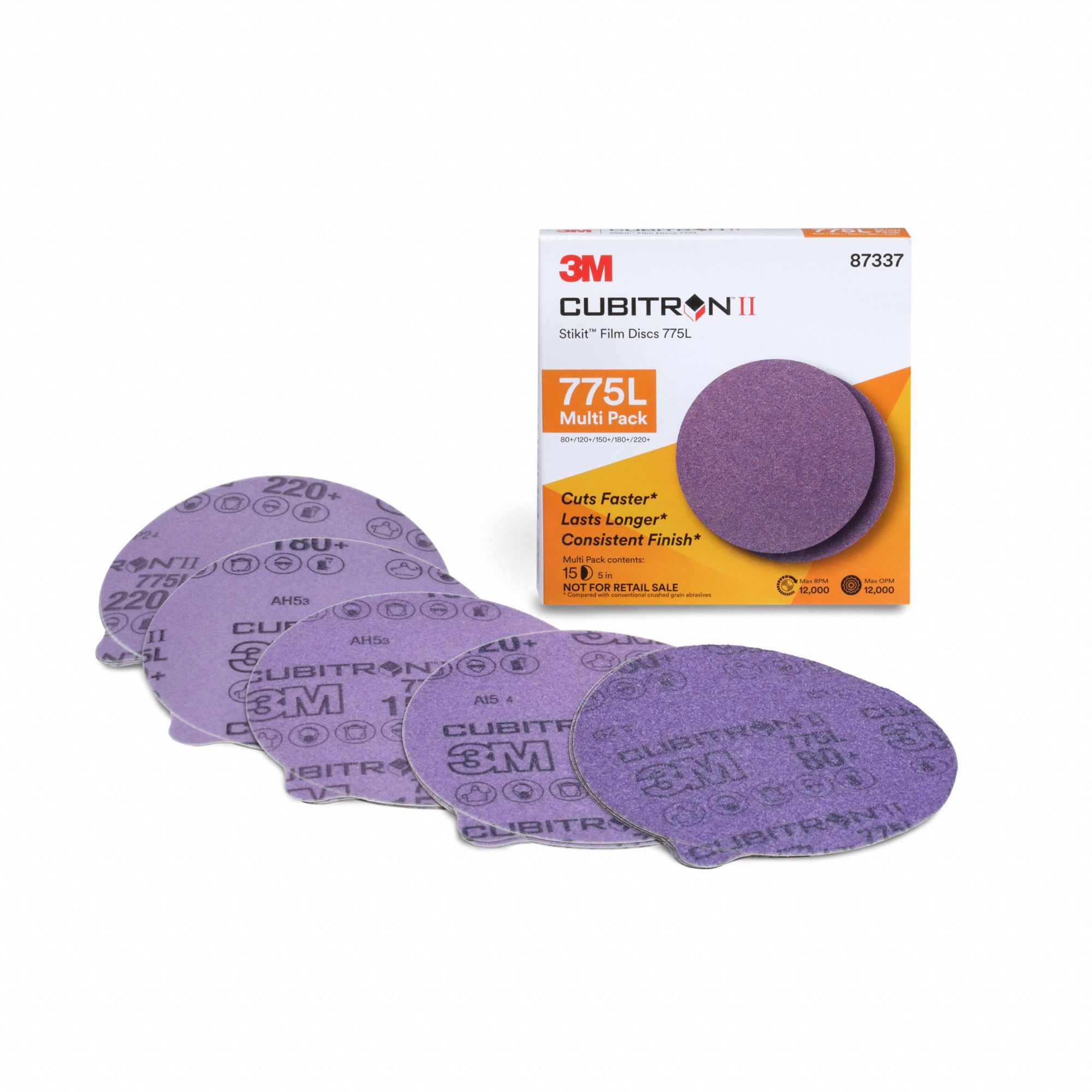 PSA Sanding Disc: 5 in Dia, Non-Vacuum, Ceramic, 220/80 Grit, 3 mil Wt Film, 775L, 1