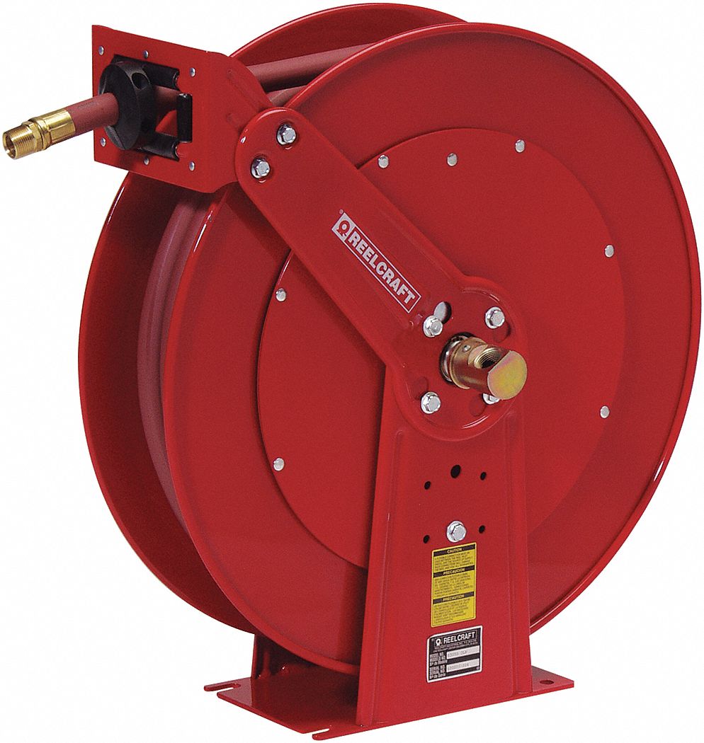 Spring Return Hose Reel: 50 ft (3/4 in I.D.), 3/4 in MNPT, 250 psi Max Op Pressure, Red, NPT x NPT
