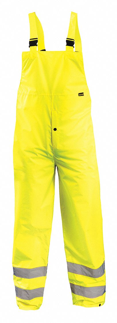 Rain Pants: ANSI Class E, 2XL ( 50 in x 29 1/2 in ), Rain Bib Overall, Yellow, Snaps