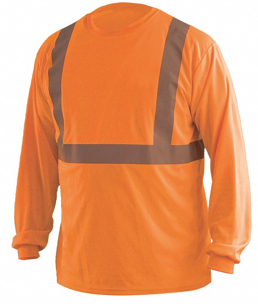 Long Sleeve T-Shirt: ANSI Class 2, 2XL, Orange, U, Long, T-Shirt Shirt, Polyester