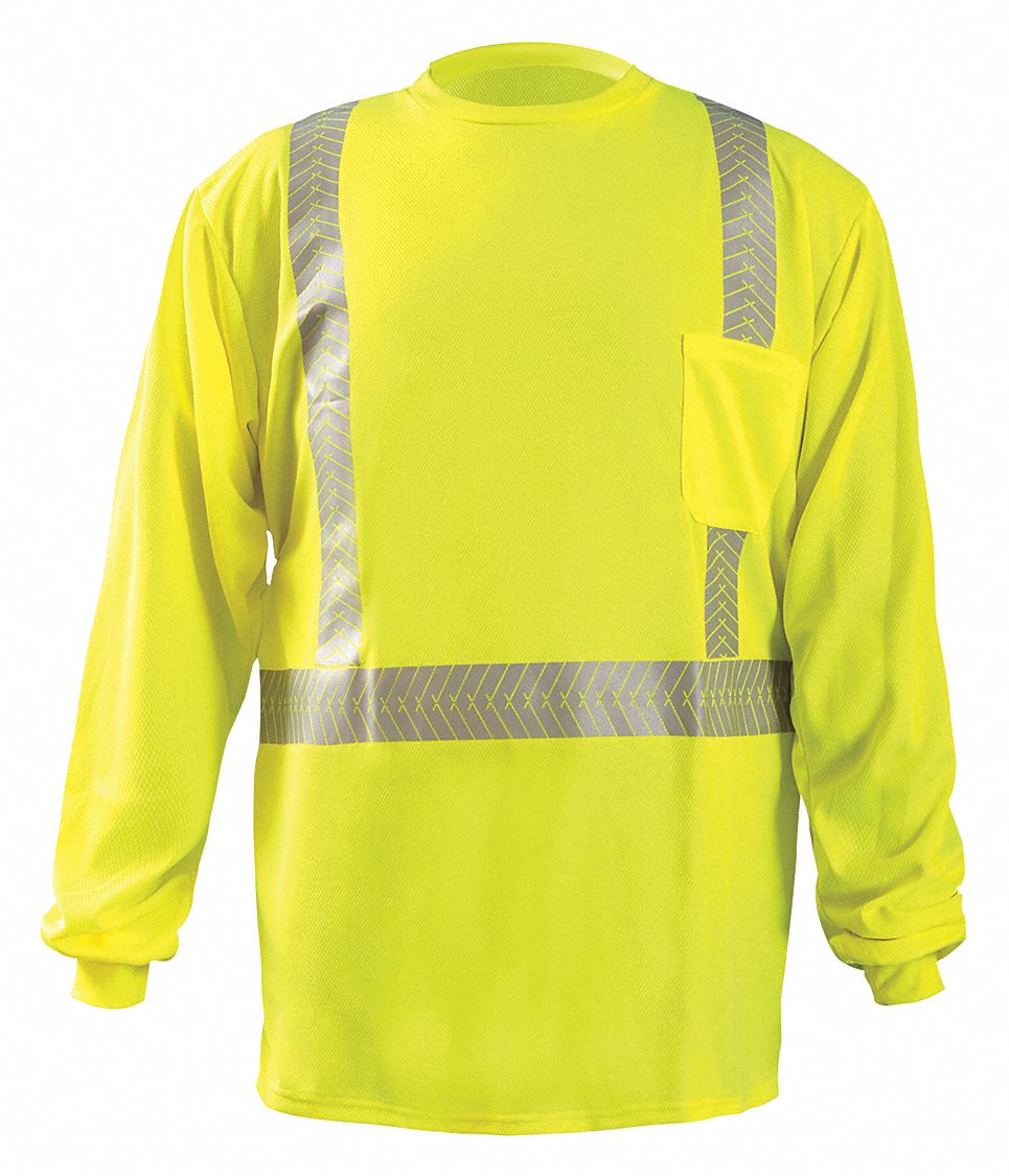 Long Sleeve T-Shirt: ANSI Class 2, 2XL, Yellow, U, Long, T-Shirt Shirt, Polyester