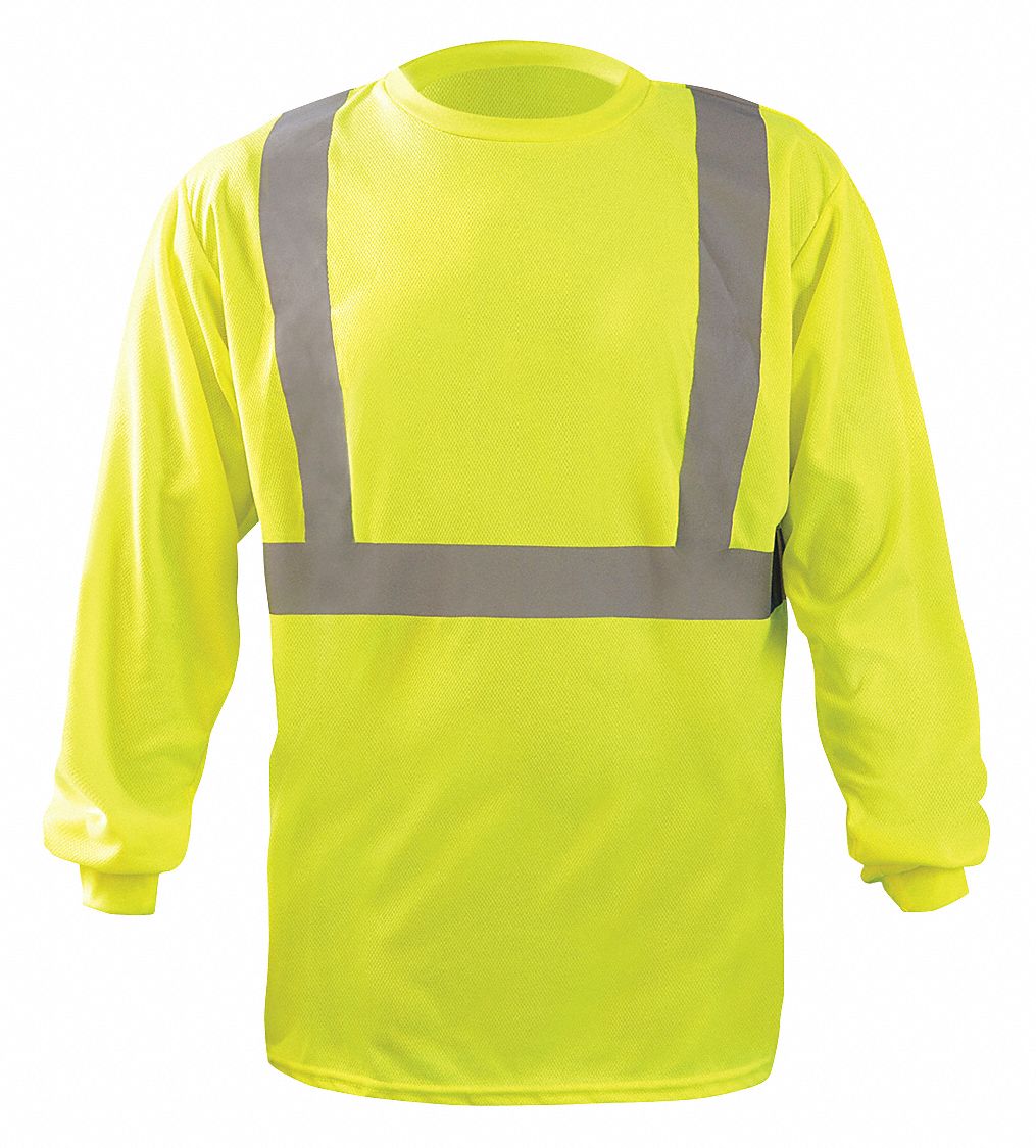 Long Sleeve T-Shirt: ANSI Class 2, 2XL, Yellow, X, Long, T-Shirt Shirt, Polyester