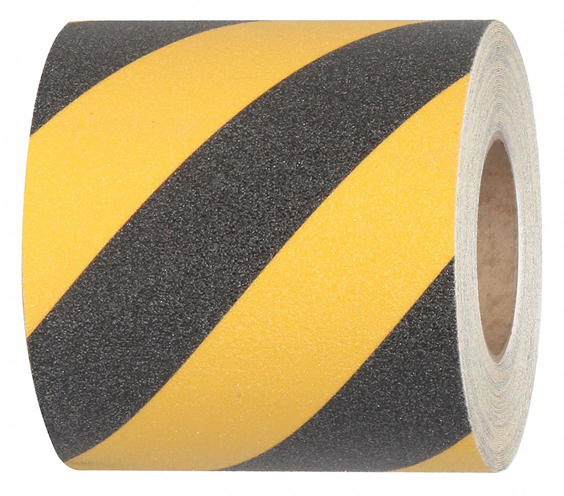 Anti-Slip Tape: Coarse, 60 Grit Size, Striped, Black/Yellow, 6 in x 60 ft, 32 mil Tape Thick, Paper