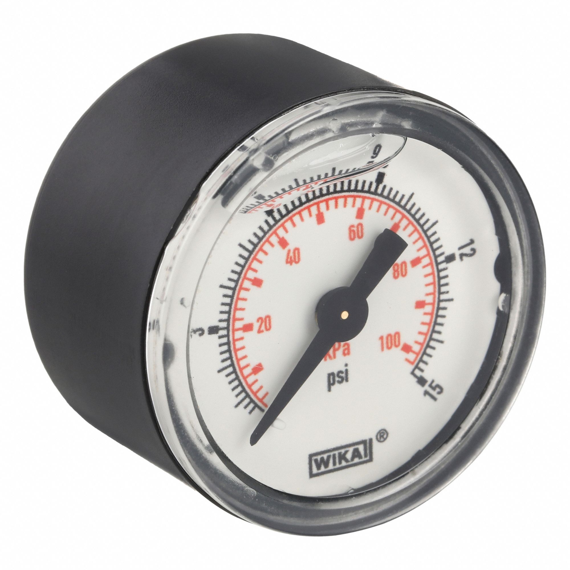 Commercial Pressure Gauge: 0 psi / Hg to 15 psi, 1 1/2 in Dial, 1/8 in NPT Male, Center Back, 4