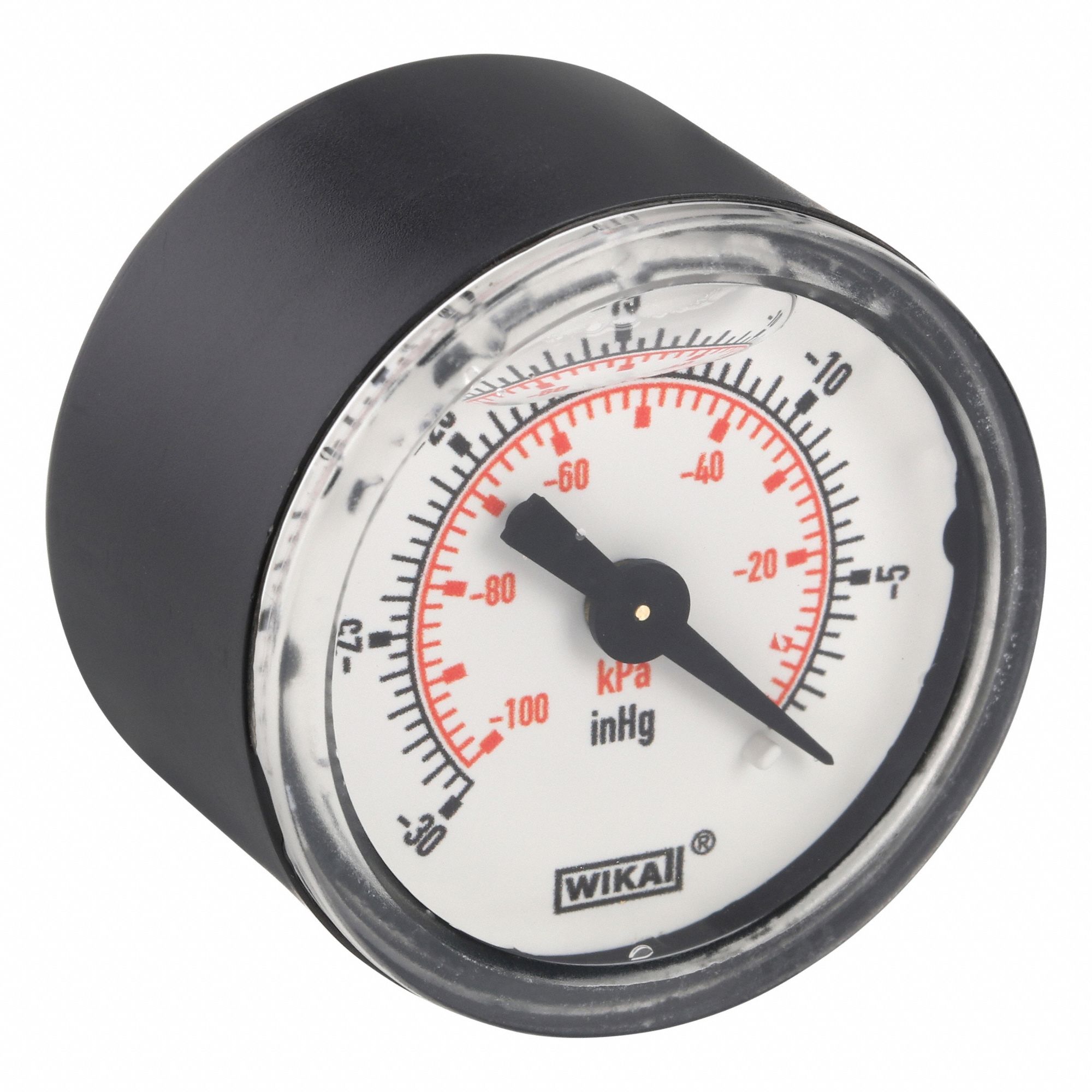 Commercial Pressure Gauge: 30 in Hg, 1 1/2 in Dial, 1/8 in NPT Male, Center Back, Plastic, 4