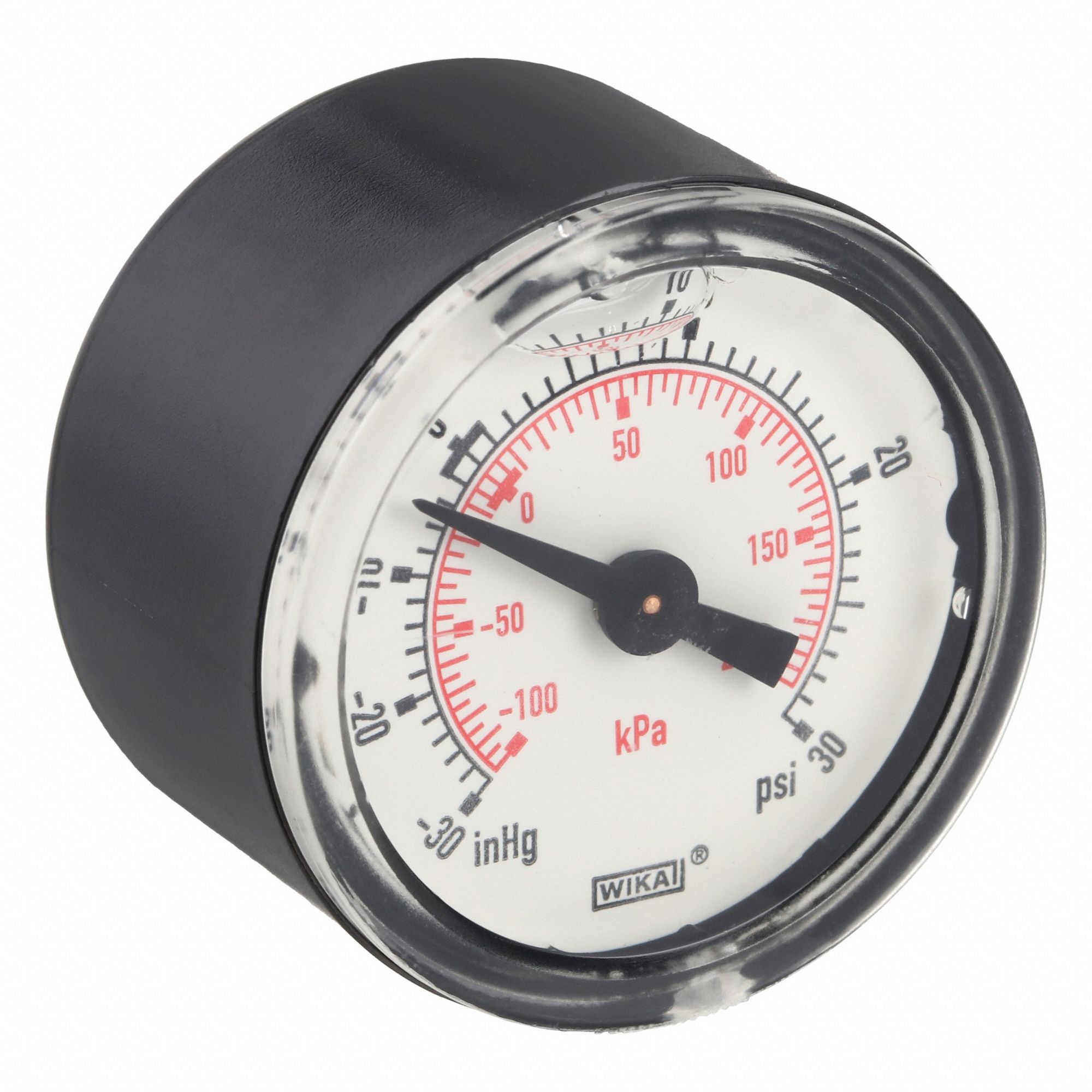 Commercial Pressure Gauge: 30 in Hg to 0 psi / Hg to 30 psi, 1 1/2 in Dial, 1/8 in NPT Male, 4