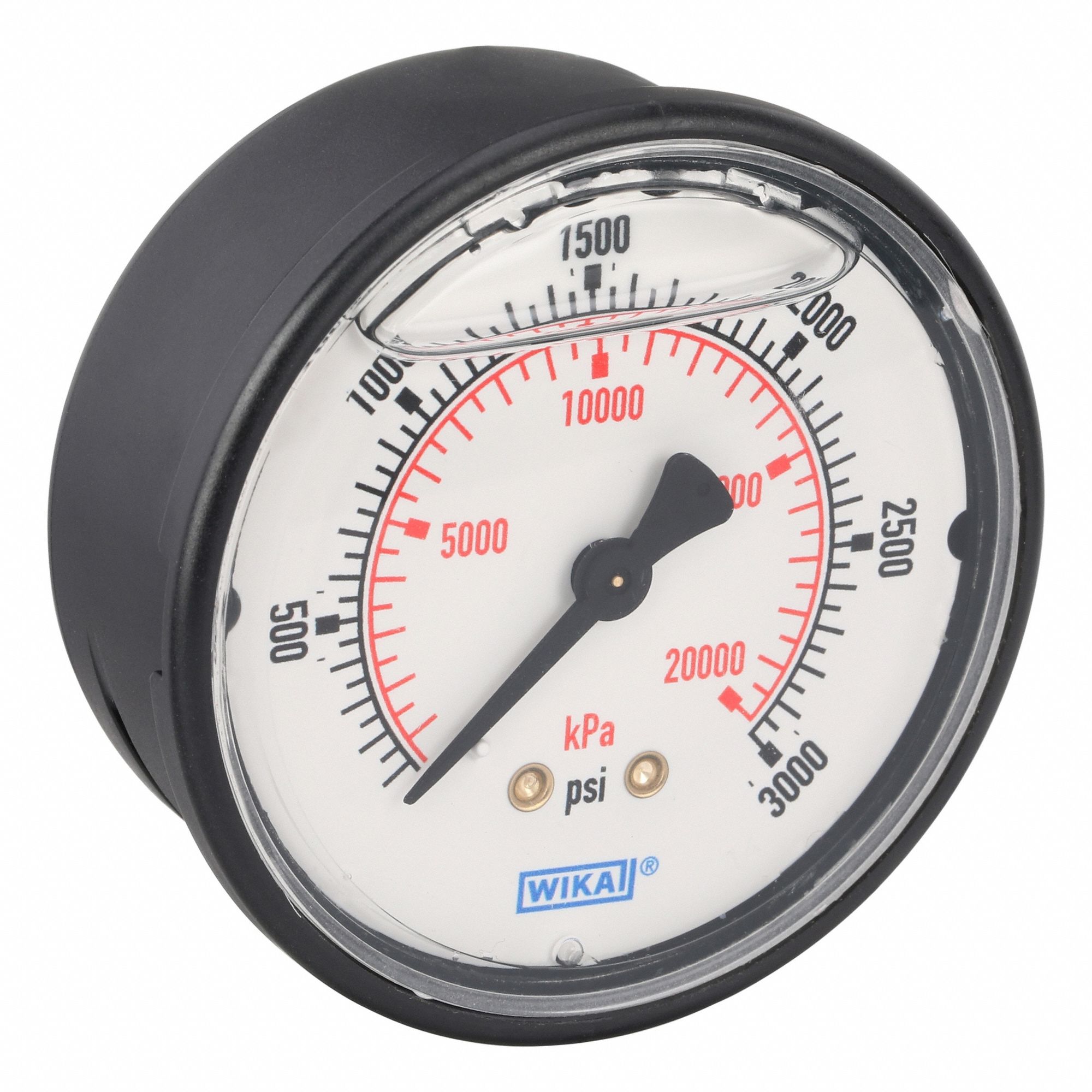 Commercial Pressure Gauge: 0 psi / Hg to 3, 000 psi, 2 1/2 in Dial, 1/4 in NPT Male, Center Back