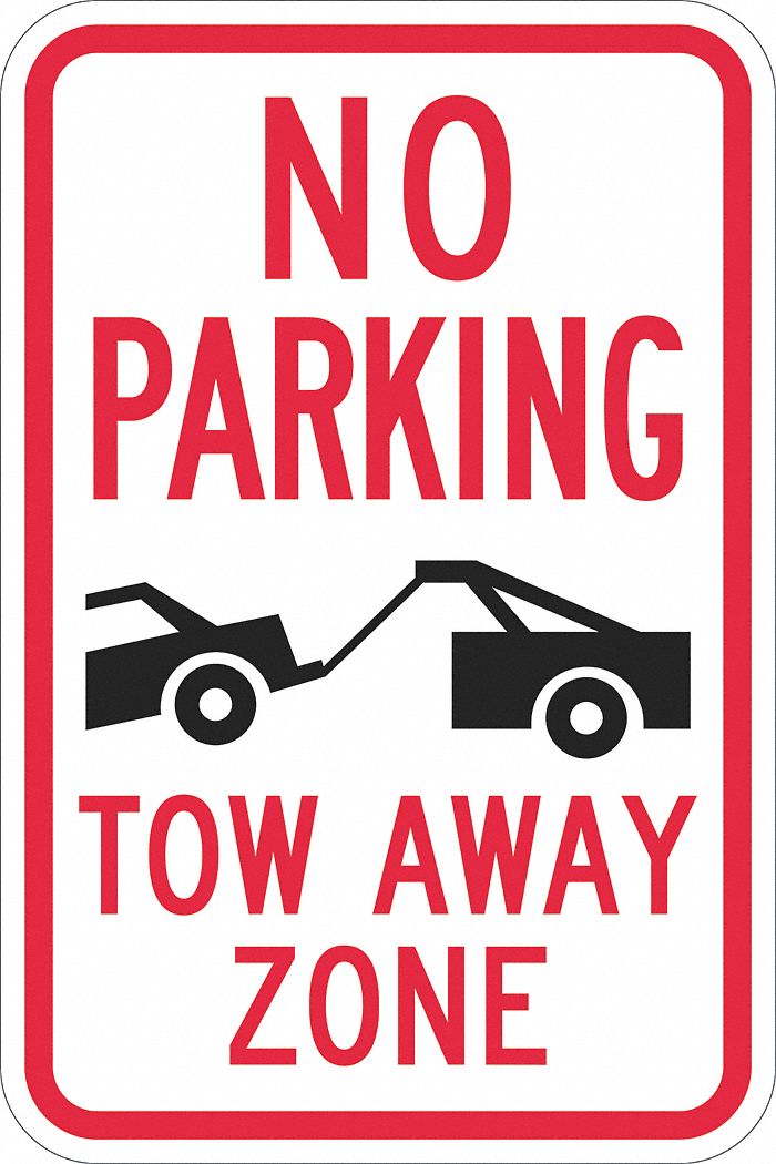 No Parking Sign: 18 in x 12 in Nominal Sign Size, Aluminum, 0.063 in, Diamond, Red, White, English