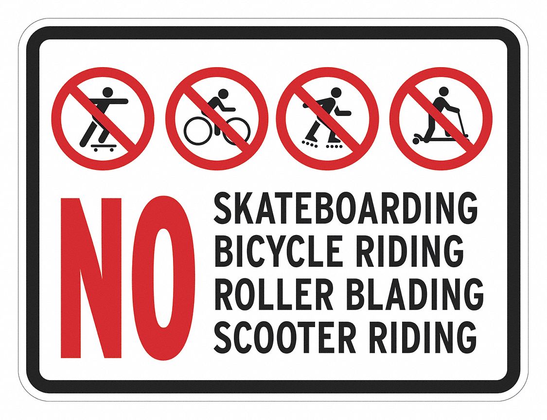 Reflective No Skateboards Sign: Aluminum, Mounting Holes Sign Mounting, 0.063 in Thick, No Header