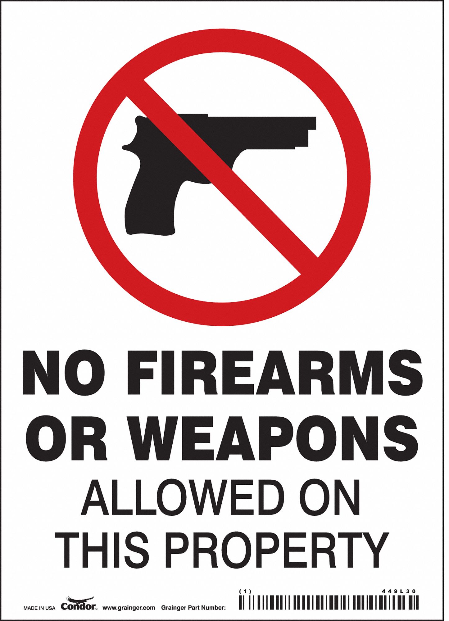 CONDOR Safety Sign, No Firearms Or Weapons Allowed On This Property ...