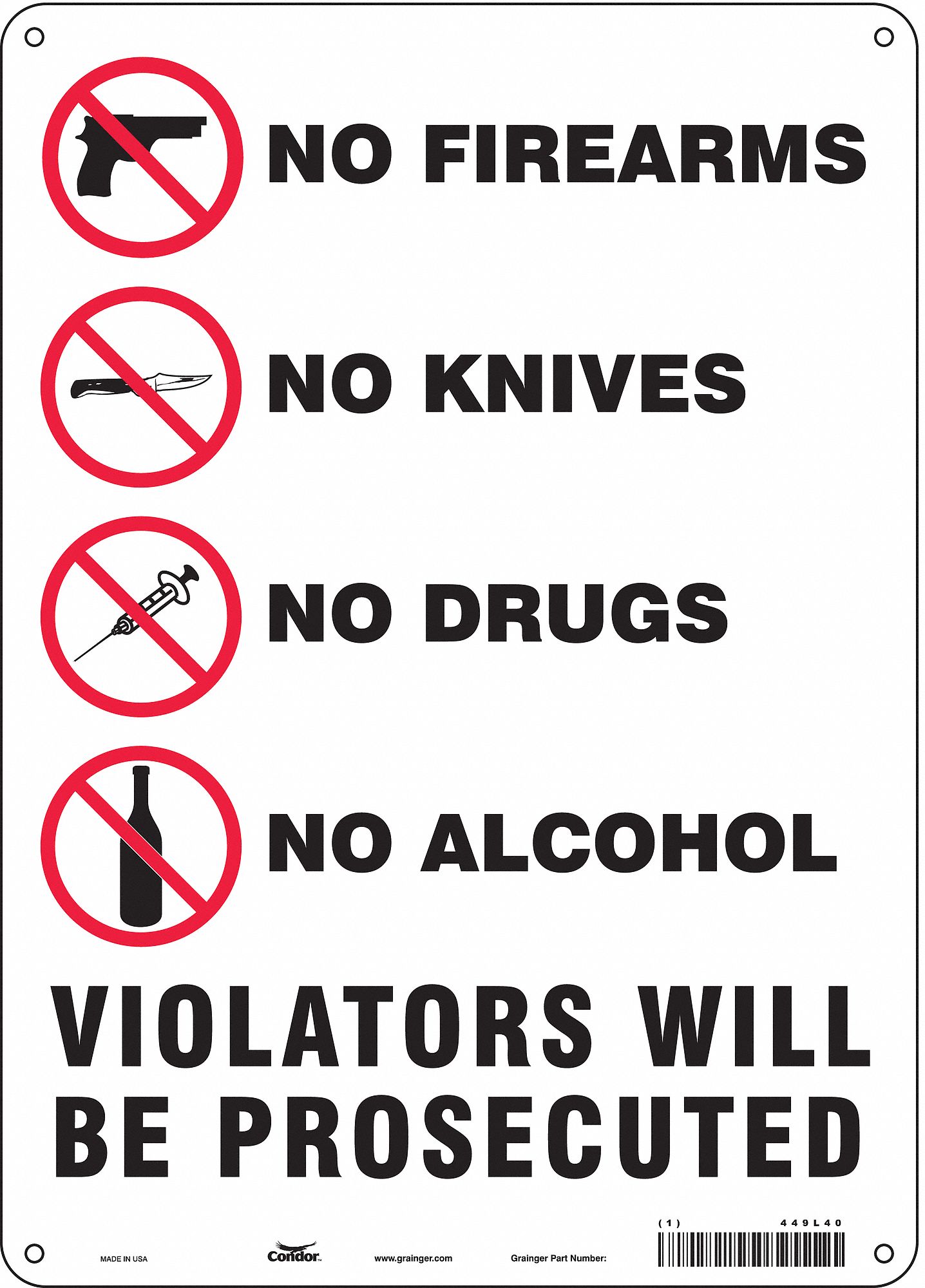 CONDOR Safety Sign, No Firearms No Knives No Drugs No Alcohol Violators ...